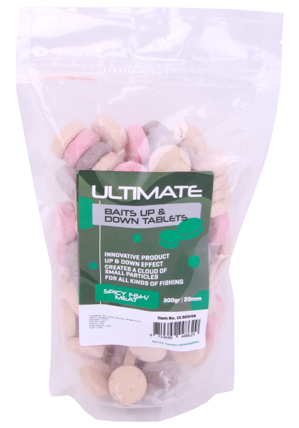 Ultimate Baits Up & Down Tablets 20 mm, release of scent, colour and flavour underwater - Spicy Fish/Meat 20 mm