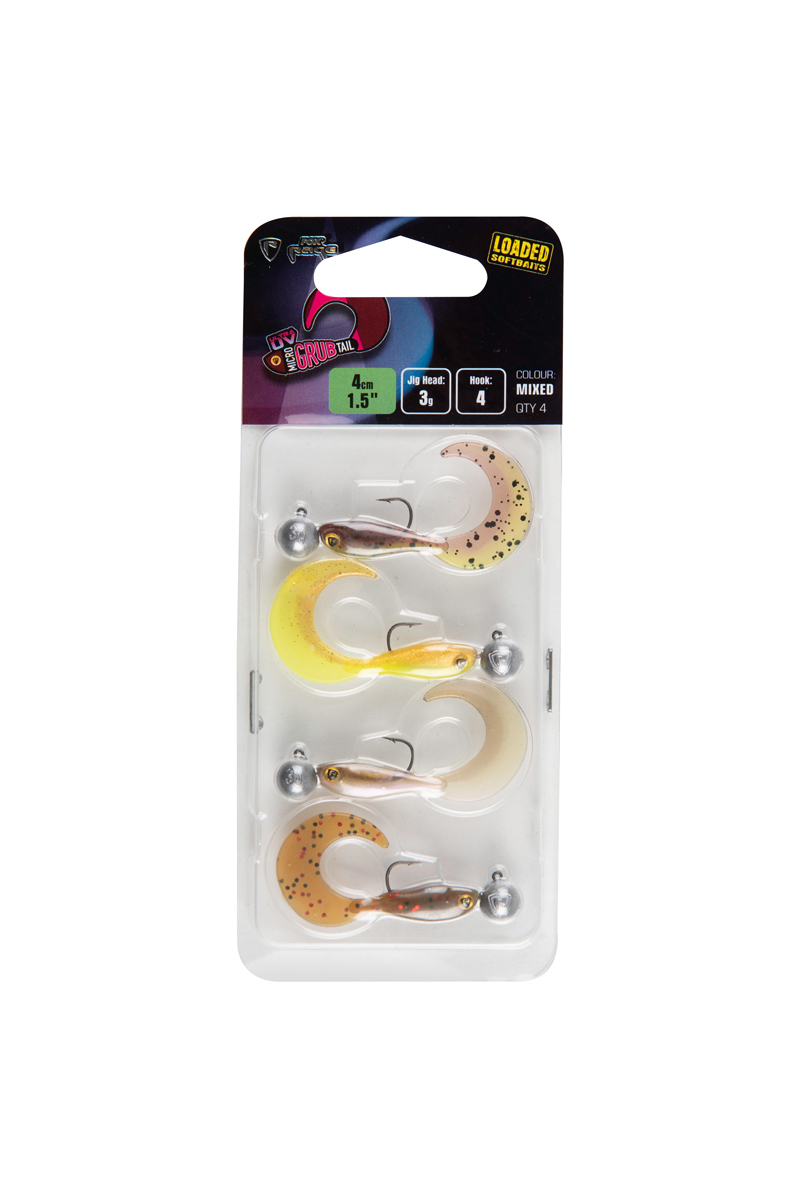 Fox Rage Micro Grub Tail Mixed UV Colour Pack Loaded 3g jighead (4cm) 4pcs